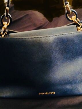 Michael Kors Portia Crossbody Satchel Navy Blue Leather Shoulder Bag With Chain.